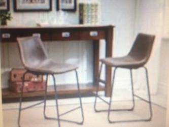 Round Hill Furniture Lotusville Vintage PU Leather Counter Height Stools, Antique Brown, Set of 2