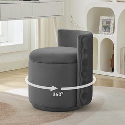 Velvet Vanity Chair with Storage, 360° Swivel Makeup Chair with Wave Back, No Assembly Small Accent Stool for Bedroom, Dressing, Living Room, Grey