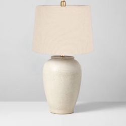 23" Farmhouse Ceramic Urn pot Table Lamp with Beige Fabric Shade