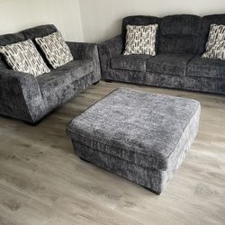 Dark Grey Sofa Set With Ottoman 3 Piece Set