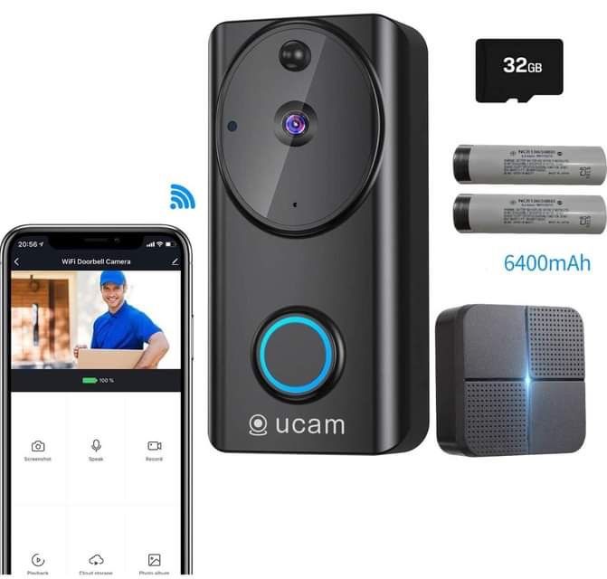 Video Doorbell Wireless Wi-fi with Chime, Doorbell Camera with Motion Detector, 6400mAh Low Power Consumption, 2-Way Audio,1080P Night Vision, IP65 Wa