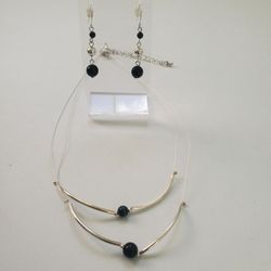 Necklace & matching Earring Jewelry Set silver tone with black lucite beads. Necklace 16-22", earrings 1.5".