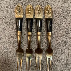 Vintage Thailand 4 Bronze and Ox Horn  Handled Cocktail Mini Forks