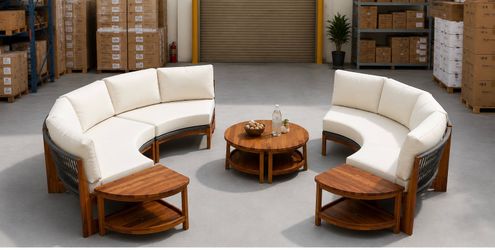 Assembled New Outdoor Acacia Wood Round Sofa Set, Coffee Table, 5-Seat Beige