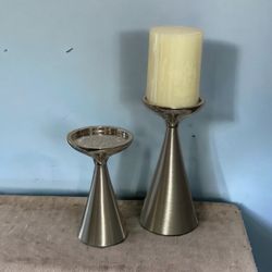 2 Pewter Pillar Candle Holders W/candle