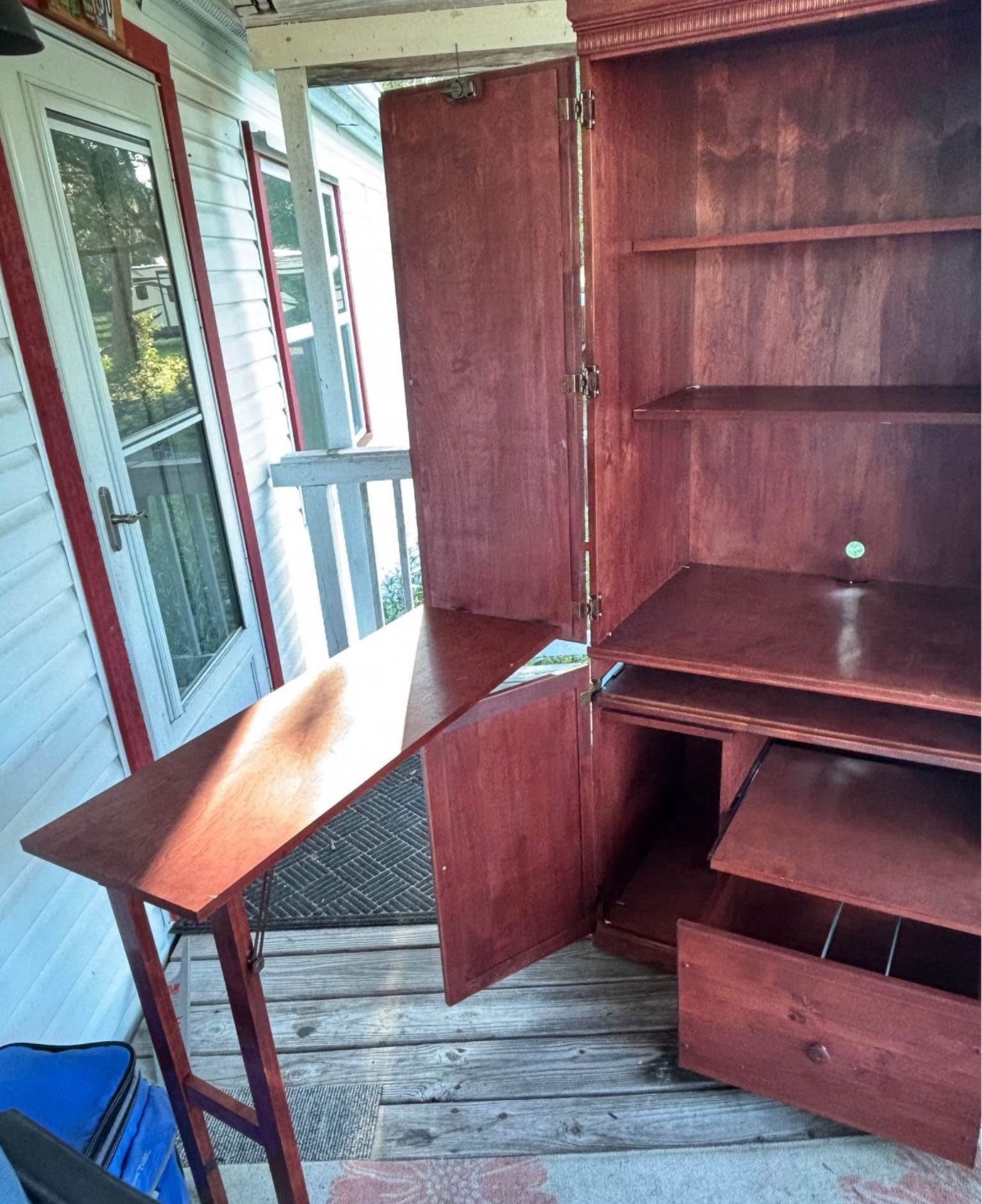 Craft or computer cabinet station with fold down extra desk