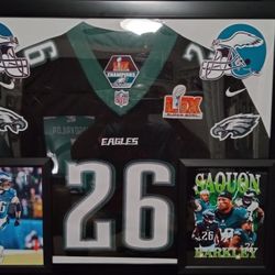 SAQUAN BARKLEY OF THE SUPER BOWL CHAMP PHILADELPHIA EAGLES STITCHED BRANDED AUTHENTIC FRAMED JERSEY.