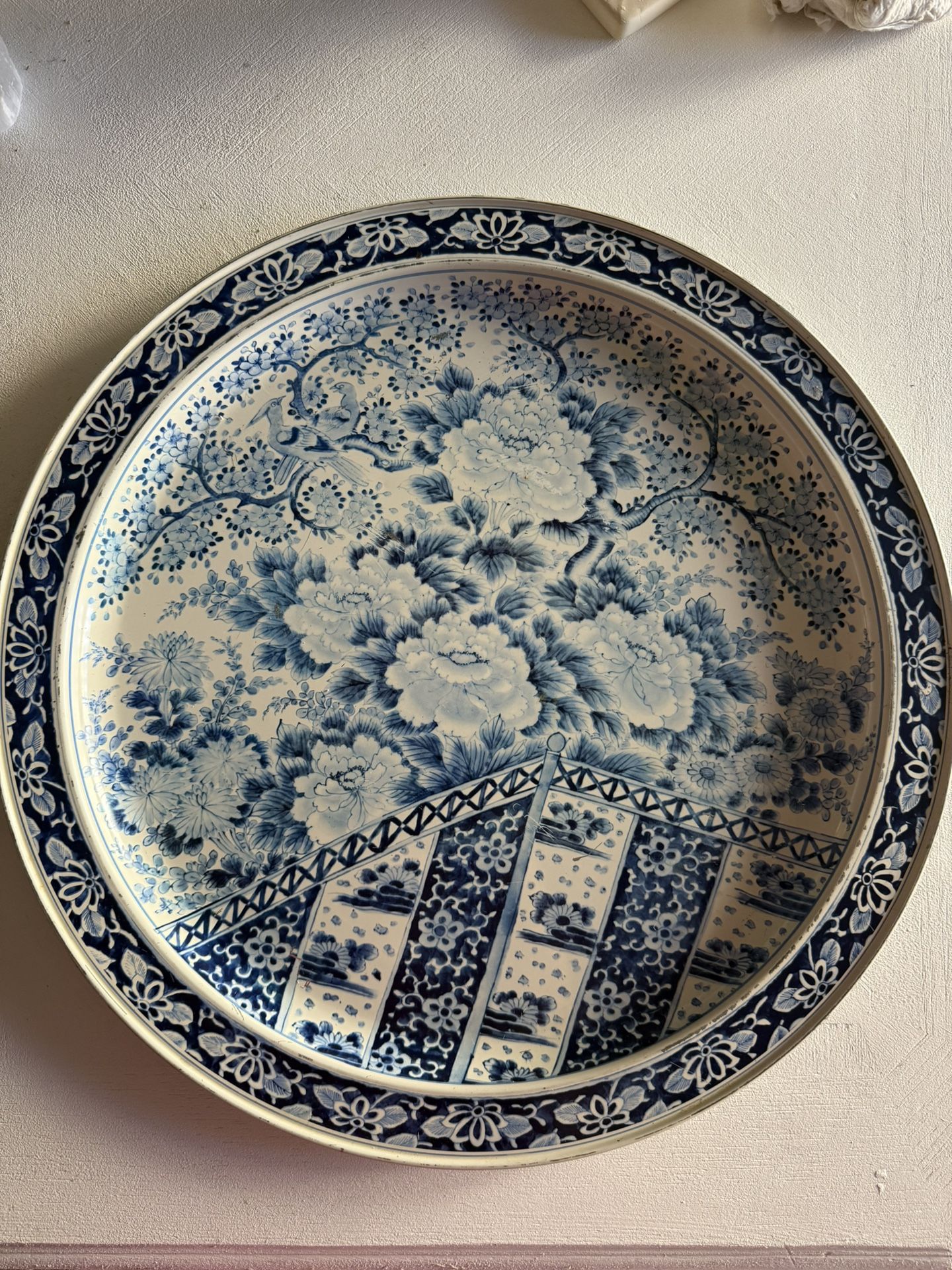 Blue and White Metal Tray