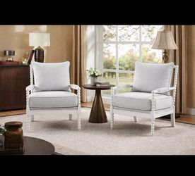 Set Of 2 - White Spindle Wood Framed Accent Chairs / Armchairs w/ Morden Fort Linen Cushions [NEW] <Retails for $500> **Assembly Req** 