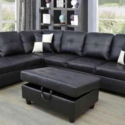 Black Leather Sectional Couch And Ottoman