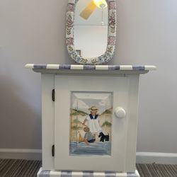 Nantucket Hand Painted Cabinet and Porcelain Mirror 
