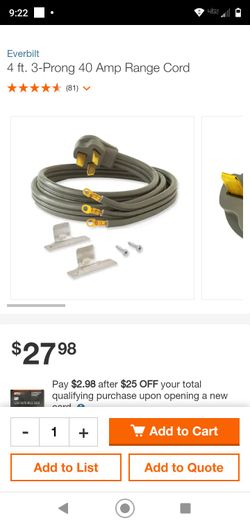 Everbuilt 4ft, 3 Prong, Range Cord Black