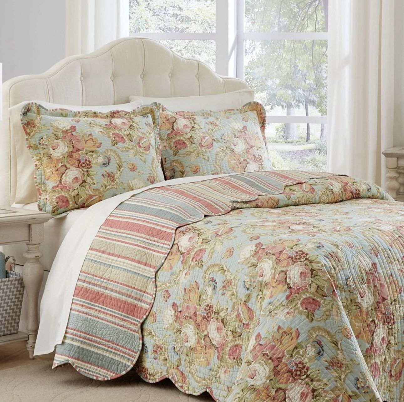 Waverly-Floral Stripe Spring Bling Reversible Bedspread Set 3pc-Full/Queen