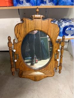 Vintage Oak Wood Hall/Wall Mirror with Coat Hooks and Shelf