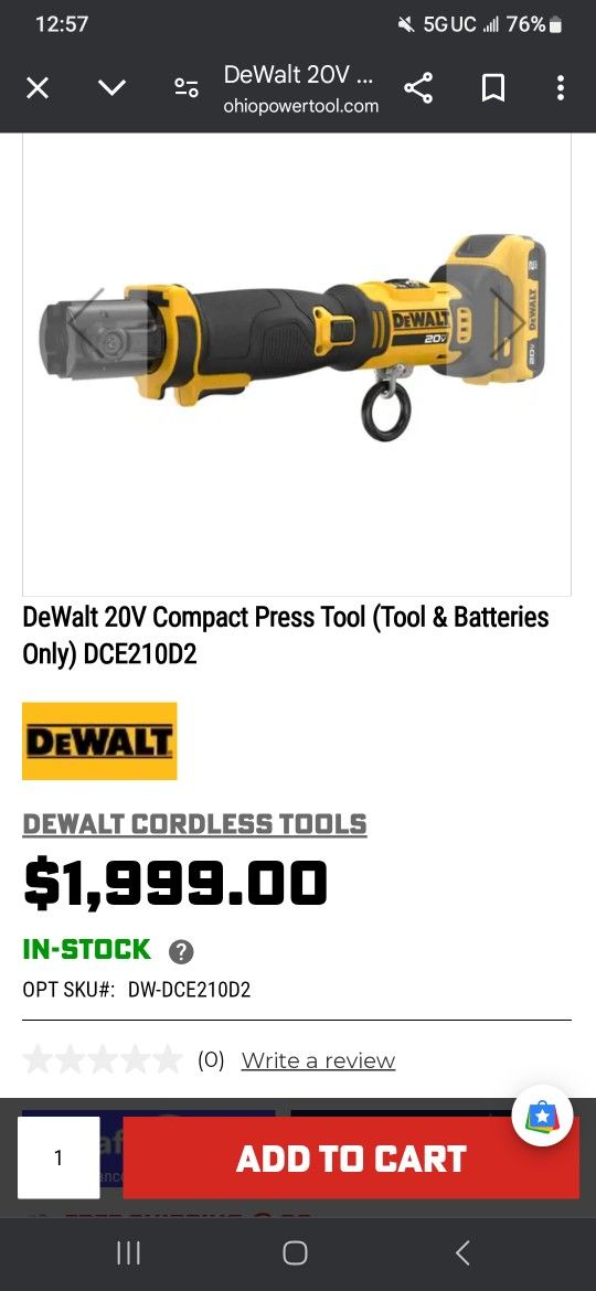 DEWALT PRESS TOOL ONLY DCE210-TY1