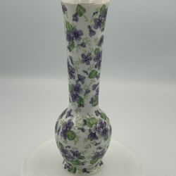 Vintage Luton, Violet Chintz Bud Vase Purple Flowers, And Gold Rim