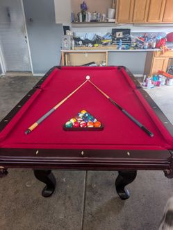 Pool Table with Balls and Cues