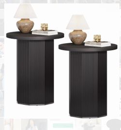 Set of 2, Round End Table, Farmhouse Pedestal Side Table, Fluted Wooden Nightstand Drink Stand for Living Room, Bedroom, Black