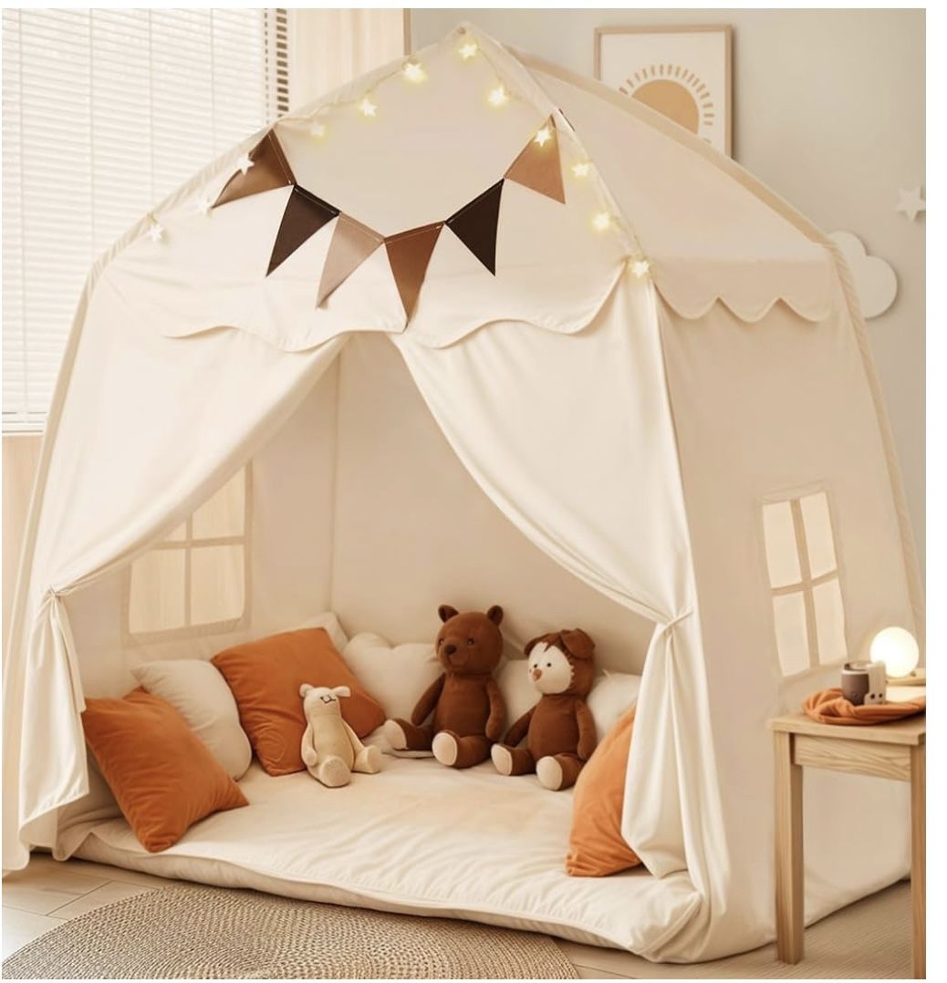 Extra Large Kids Play Tent with Flags & Star Lights, Portable & Foldable Teepee, Boys & Girls, Indoor Outdoor Dome Tent Playhouse, 59x39x59 in, Crea
