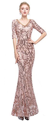 Women Half Sleeve Beaded Sequins Evening Dress Mermaid V Neck Party Dress (Gold 10)