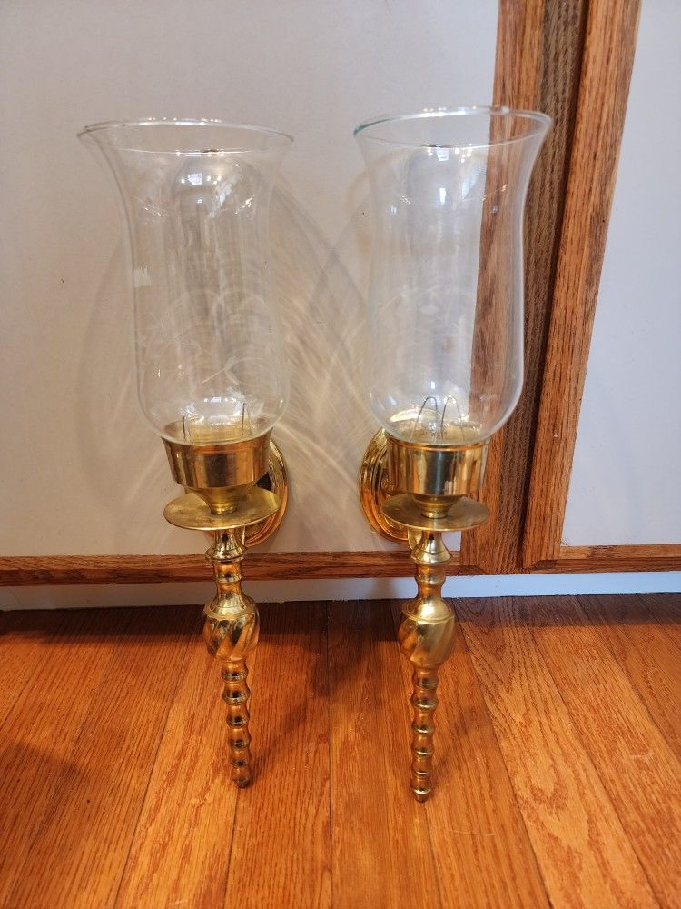 Vintage Pair Of Brass Hurricane Candle Wall Sconces 