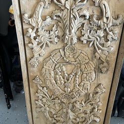 Vintage HAND-CARVED ROCOCO WOOD PANEL Made in India