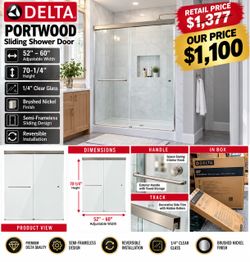 NEW DELTA PORTWOOD SLIDING SHOWER DOOR – $1,100 Upgrade your bathroom with this beautiful Delta Portwood Semi-Frameless Sliding Shower Door! ✨ Retail