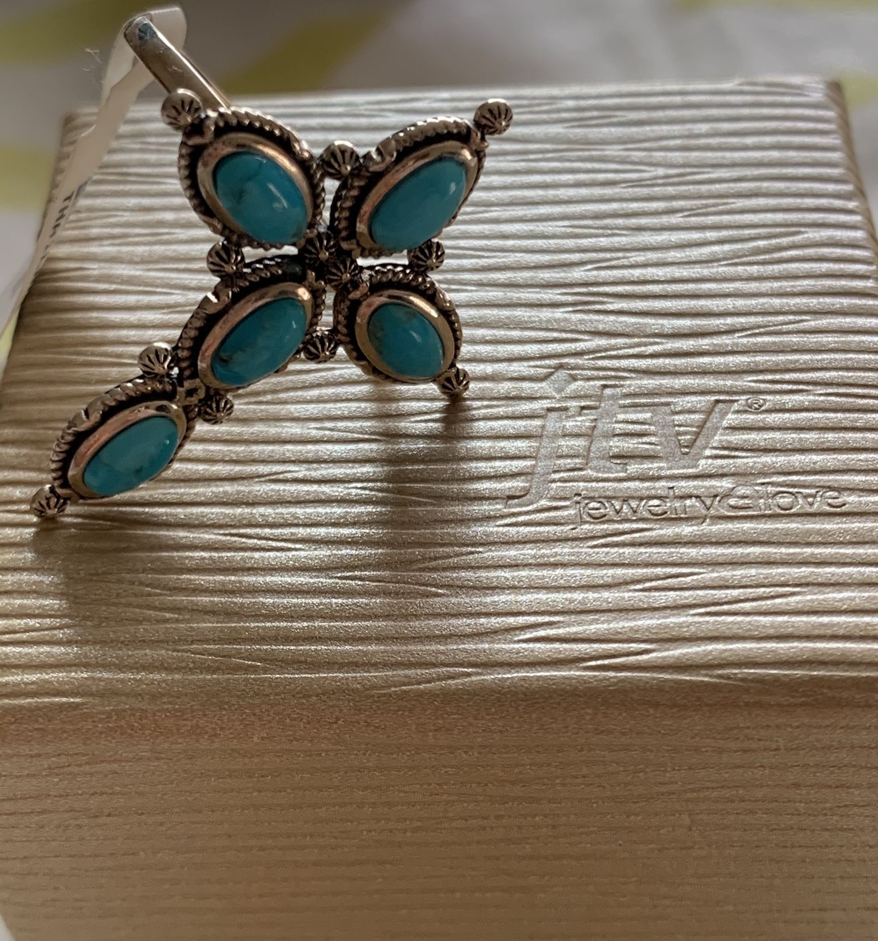 Turquoise Rhodium Over Silver Cross Ring