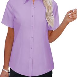 L size Womens Button Down Shirts Short Sleeve Fitted Button Up Dress Shirt Solid Collared Blouse Wrinkle Free Work Business Top(pls choose A,B,C, D, o