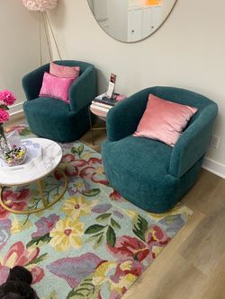 Teal Chenille Barrel Swivel Accent Chairs – Set of 2