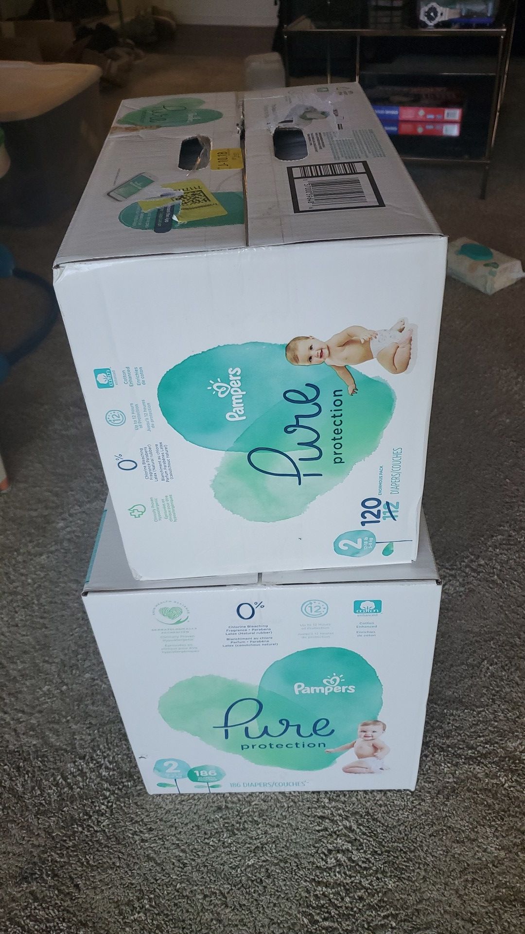 (306 ct.) 2 Boxes, Pampers Pure Protection Diapers, Month & A Half Supply! Size 2