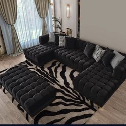Lipa Black Velvet Double Chaise "U" Shape Sectional Sofa
