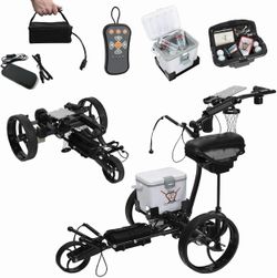 The Pro Wireless Remote Control Electric Golf Cart, Built-in 6 Pack Cooler, Seat, USB Port and Holders, 12V Lithium Battery Lasts 27 Holes Black