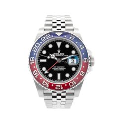 Rolex GMT-Master II (Pepsi) Pre-owned Rolex GMT-Master II. Has a stainless steel 40mm case and jubilee style bracelet. Features a bidirectional rotata