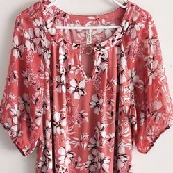 PERSEPTION Womens 2X Pullover Blouse Mauve Floral with Sheer Elasticized Sleeves