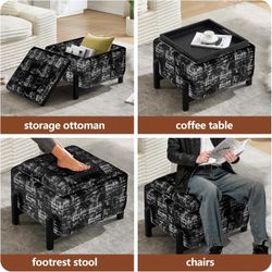New Square Storage Ottoman with Tray, Modern Foot Stools Ottoman, Upholstered Coffee Table, Black