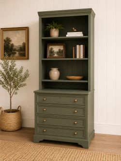 2 Sage green cabinets / bookshelves  / hutches