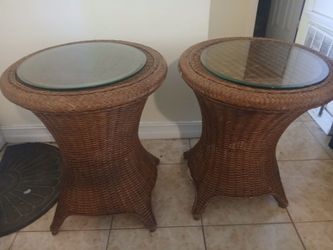 Pair of Wicker Side Tables with Glass Tops