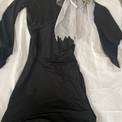 Little Girls, Size 7/8(med) Black Long, Dead Bride Dress With Hood attached and white floral headband, veil with flowers