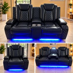 Black modern 3 piece reclining sofa set with led lighting