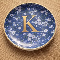 Monogram “K” Trinket Dish – Blue Floral Gold Letter (ÉCCOLO)