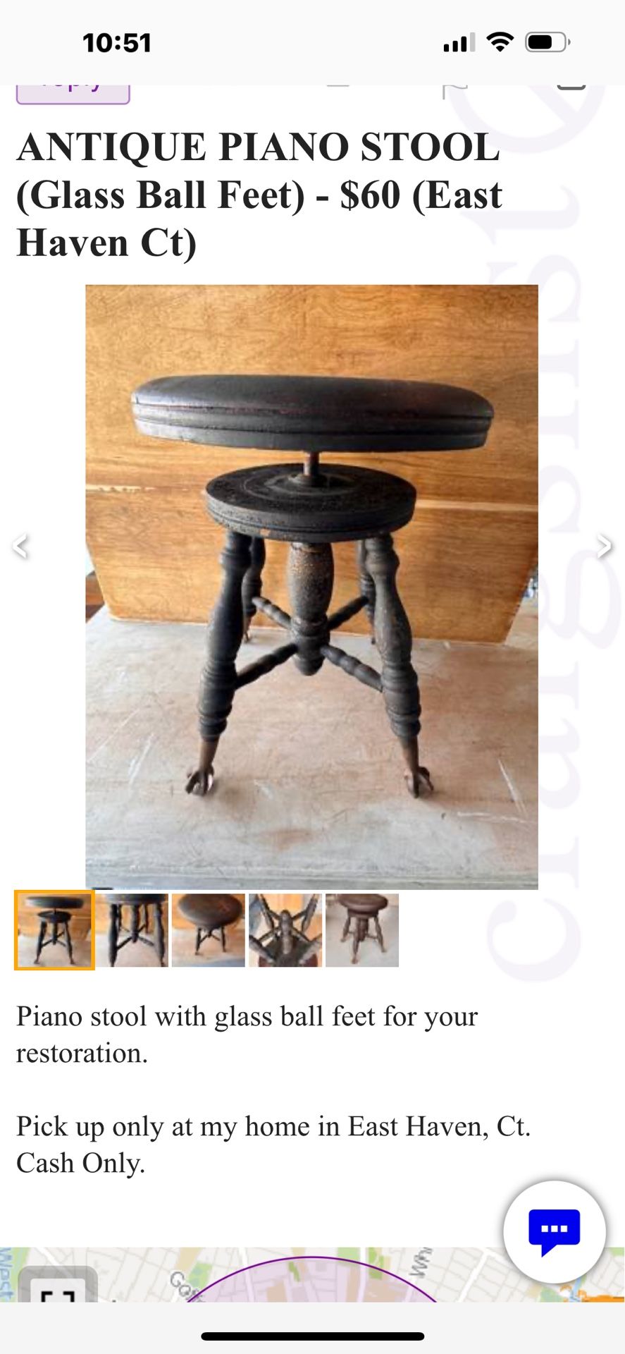 ANTIQUE PIANO STOOL - (Glass feet)
