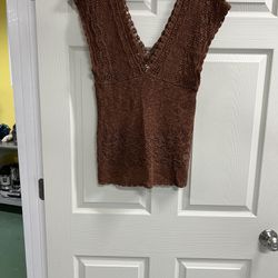 Banana Republic Brown Short Sleeve V Neck Crochet Sweater - Size Medium - VGUC