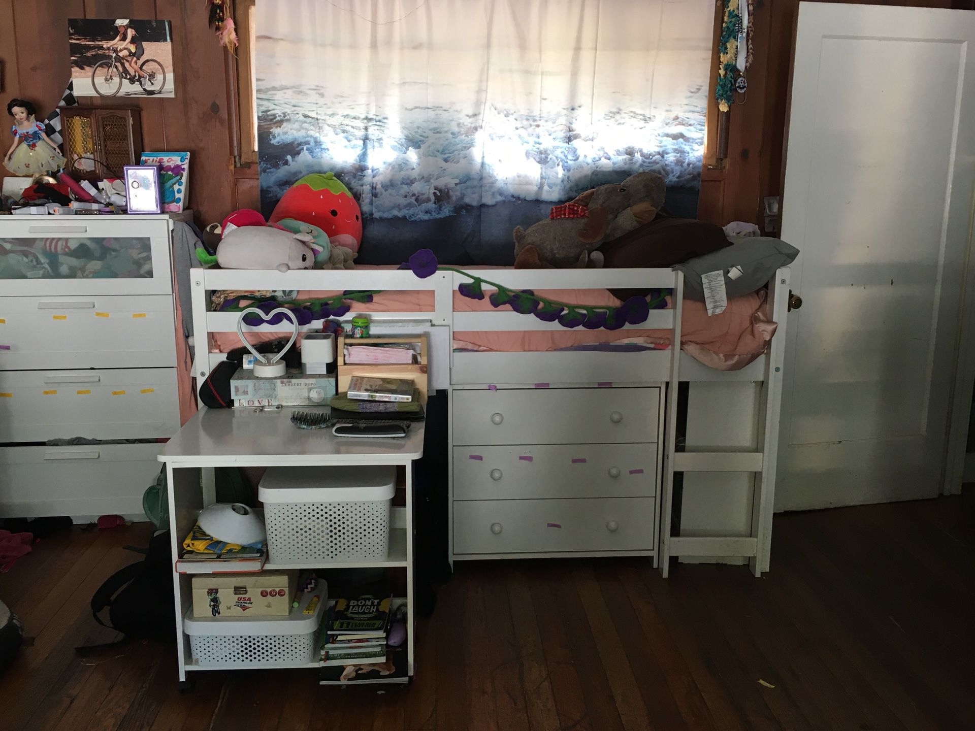 Loft bed with desk and dresser and bookshelves