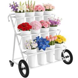 VGMiu Flower Display Stand with 12 Buckets,3 Layers Metal Flower Cart with Large Wheels, Moving Florist Bouquet Shelf for Indoor Outdoor Patio Garden 