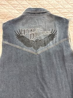 Harley Davidson Denim Vest Men’s XL Blue Spell Out Eagle Motor Cycle VTG Y2K