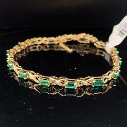 14KT Yellow Gold 7” Lab Emerald Bracelet 10.00g I-995