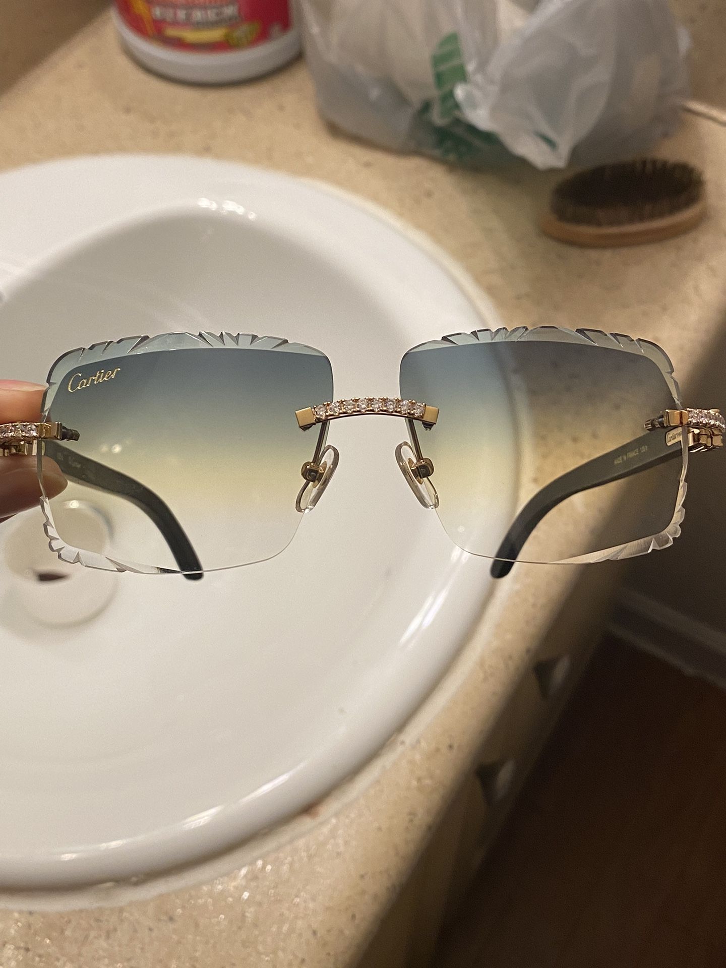 Cartier Sunglasses Gold Green Lens Medium Diamonds