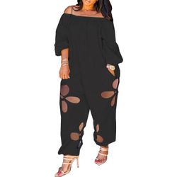 Off Shoulder Jumpsuit Solid Color Long Sleeve Floral Hollow out Pocket Bodysuit
