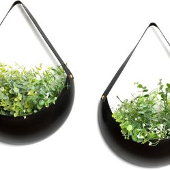 Set of 2 Black Metal Wall Planters - 12" Crescent Hanging Pots with Faux Leather Straps - Indoor Outdoor Decor for Succulents & Air Plants - Unique Pl